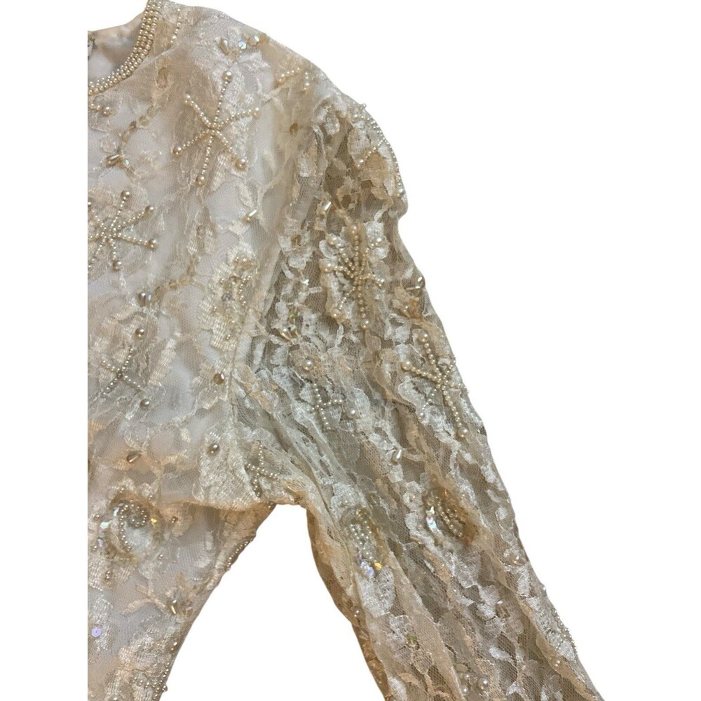 Vtg Laurence Kazar Ivory Blouse Women’s Beaded Lace Sequin Sz L Long‎ Sleeve - Picture 7 of 15